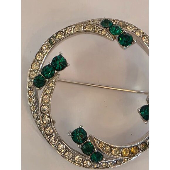 Vintage Silver Tone Circle Brooch With Green & Clear Rhinestones - Picture 3 of 5